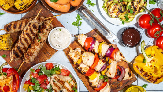 Tray of grilled foods and sauces